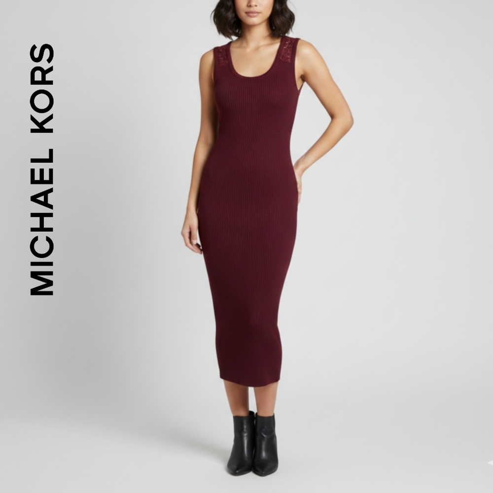 XS Michael Kors Lace Trim Sleeveless Burgundy Bodycon Ribbed Knit Midi Dress